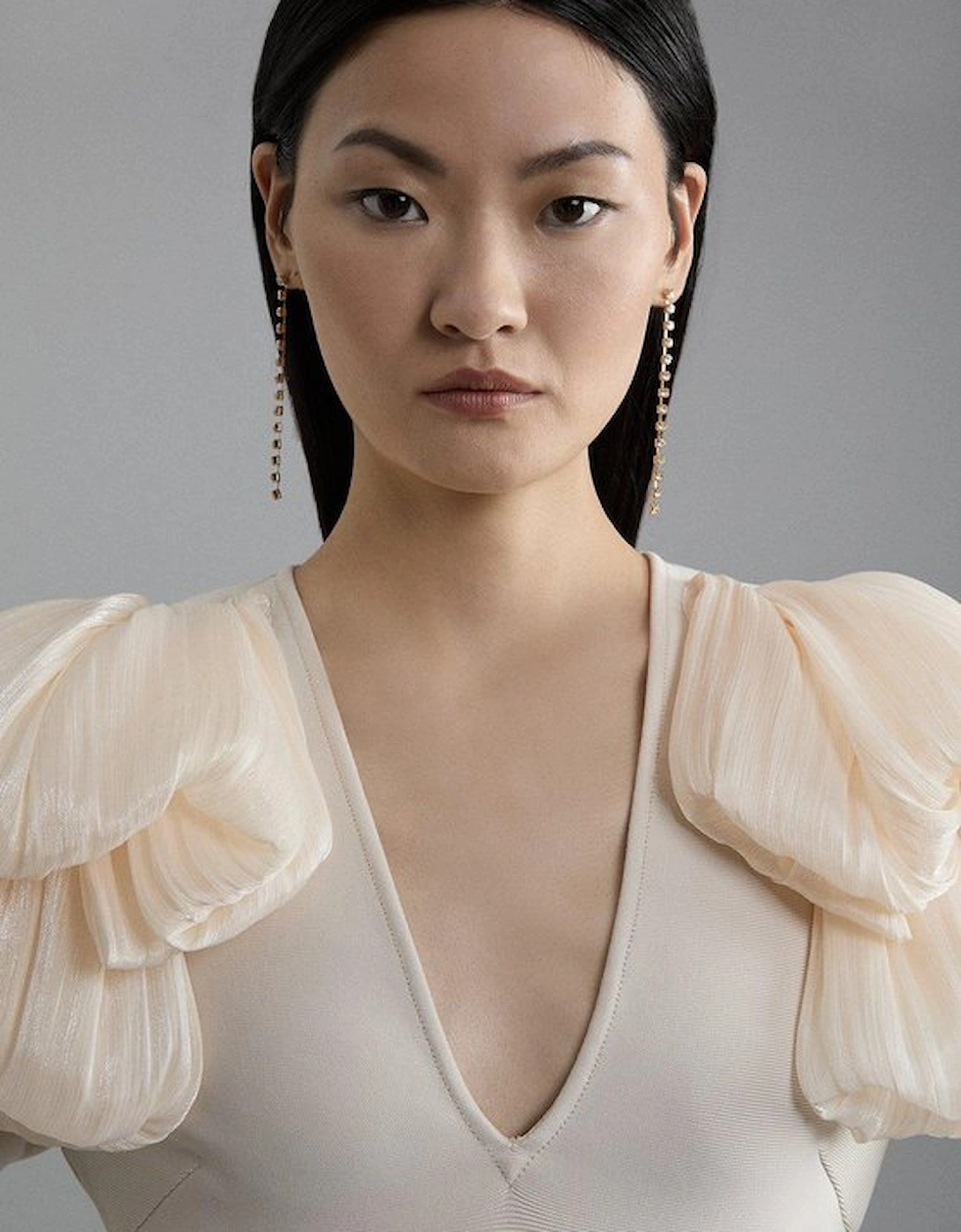Figure Form Bandage Knit Silk Ruffle Shoulder Detail Maxi Dress