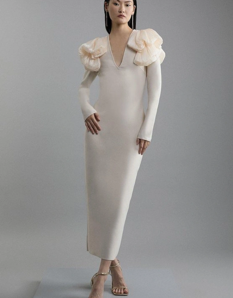 Figure Form Bandage Knit Silk Ruffle Shoulder Detail Maxi Dress