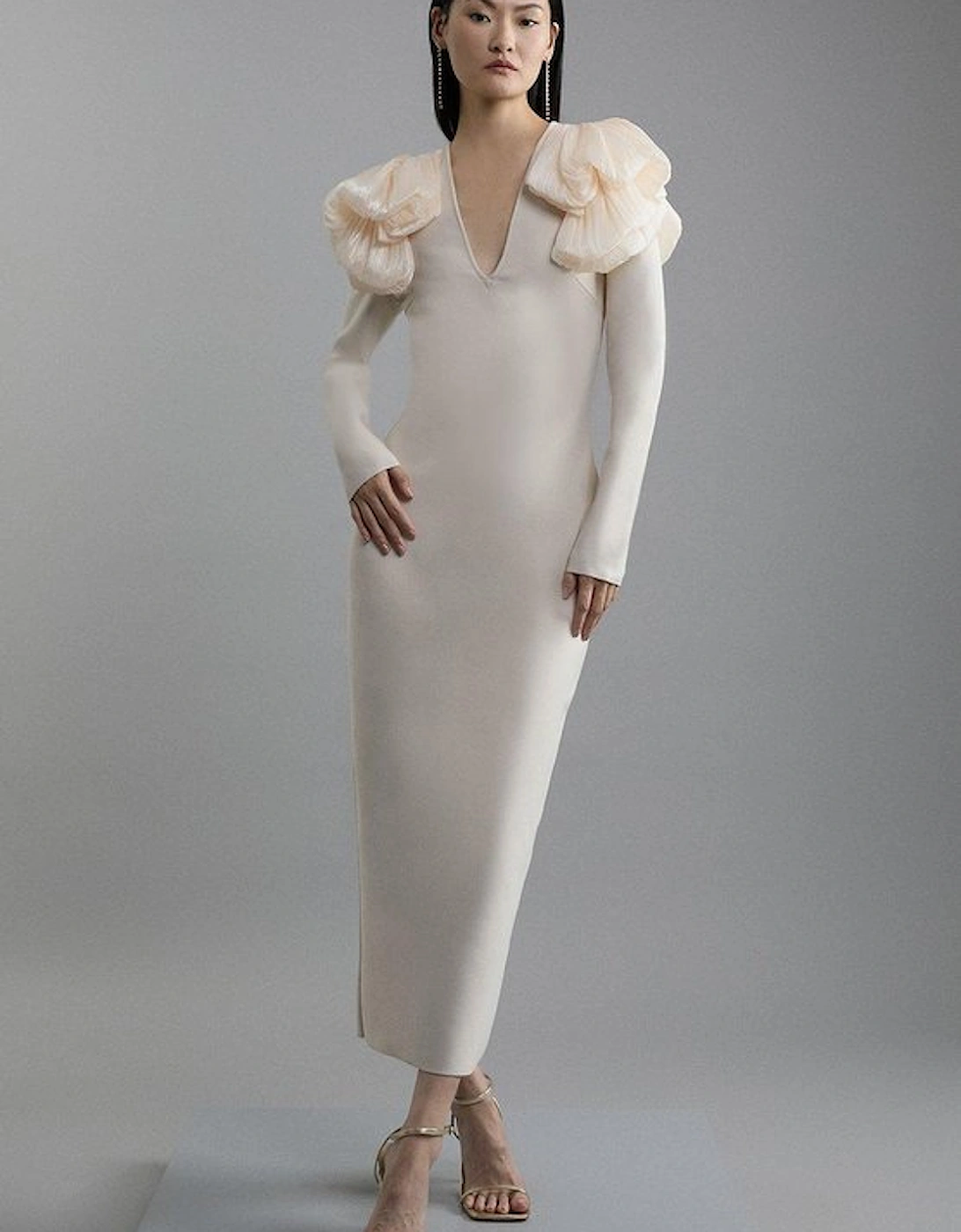 Figure Form Bandage Knit Silk Ruffle Shoulder Detail Maxi Dress, 5 of 4