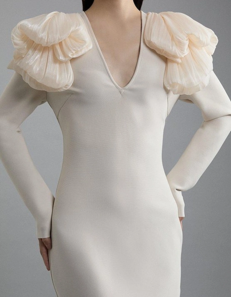 Figure Form Bandage Knit Silk Ruffle Shoulder Detail Maxi Dress