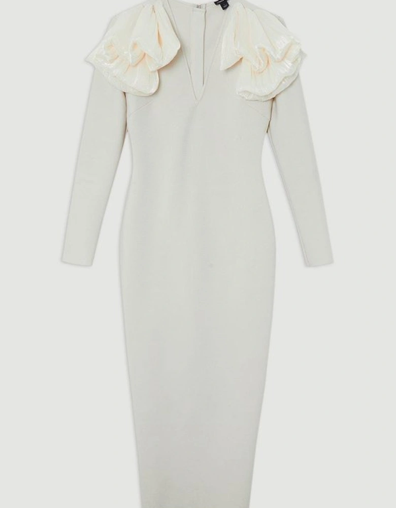 Figure Form Bandage Knit Silk Ruffle Shoulder Detail Maxi Dress