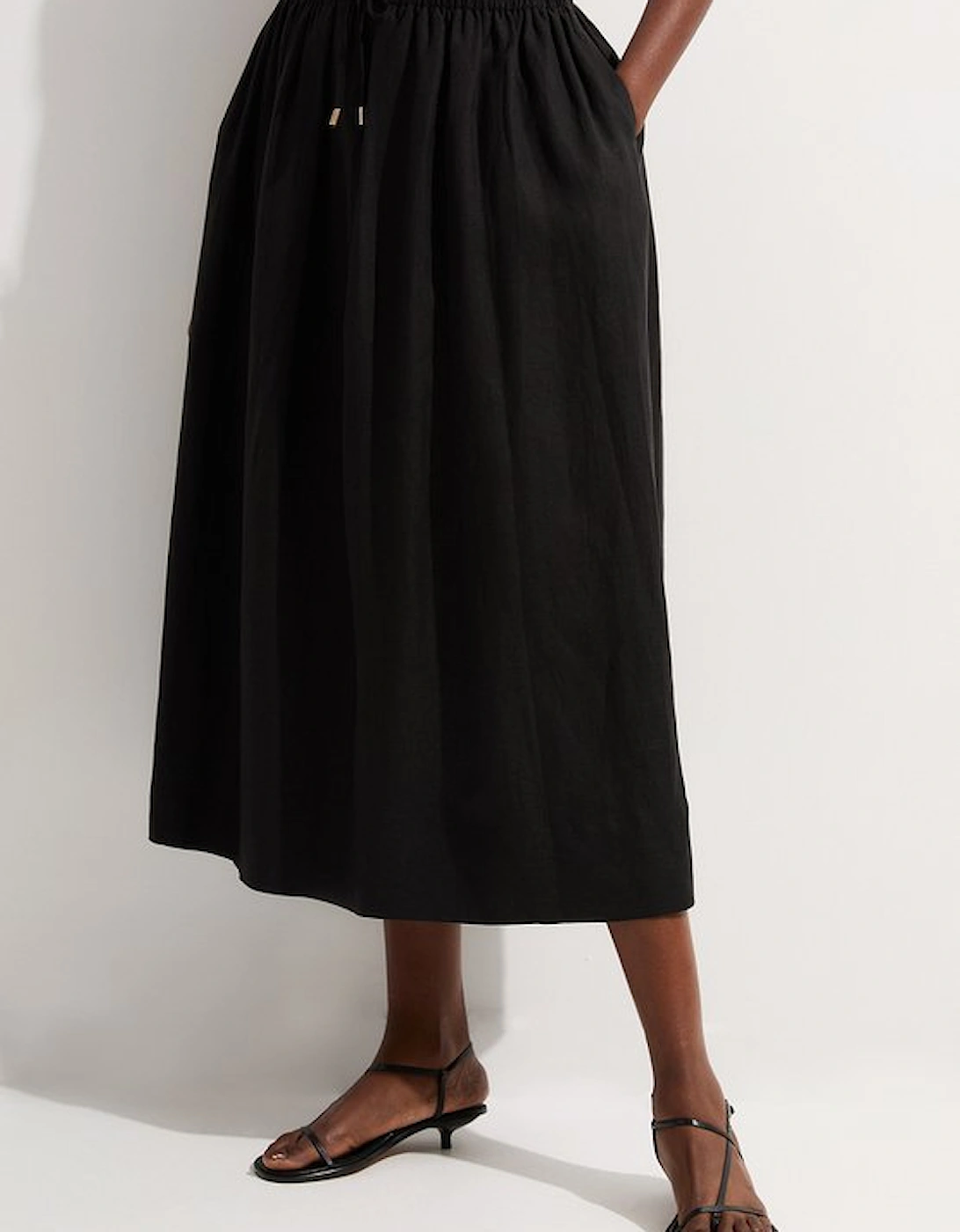 Viscose Linen Tie Waist Woven Full Midi Skirt