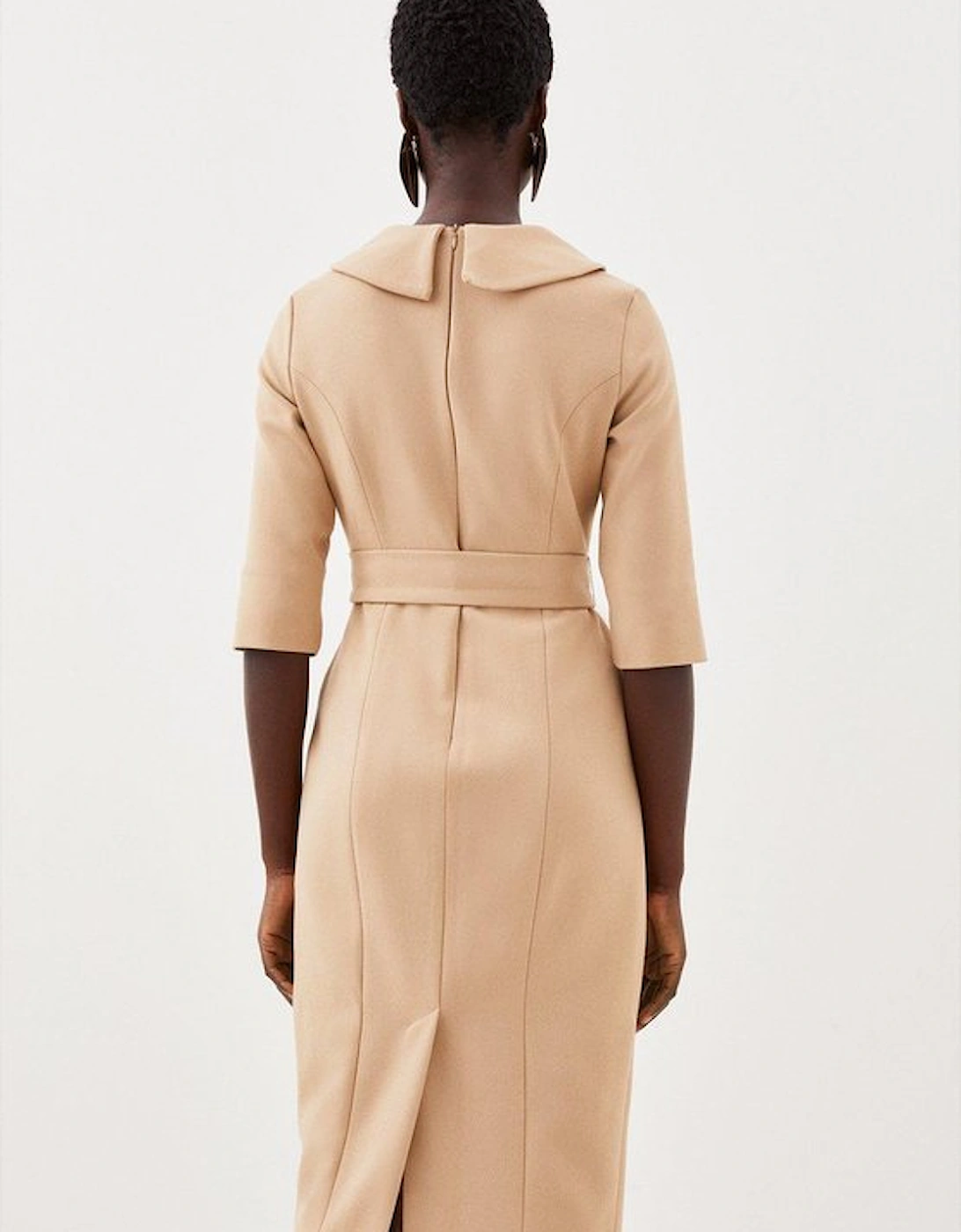 Tailored Structured Crepe Roll Neck Pencil Midi Dress
