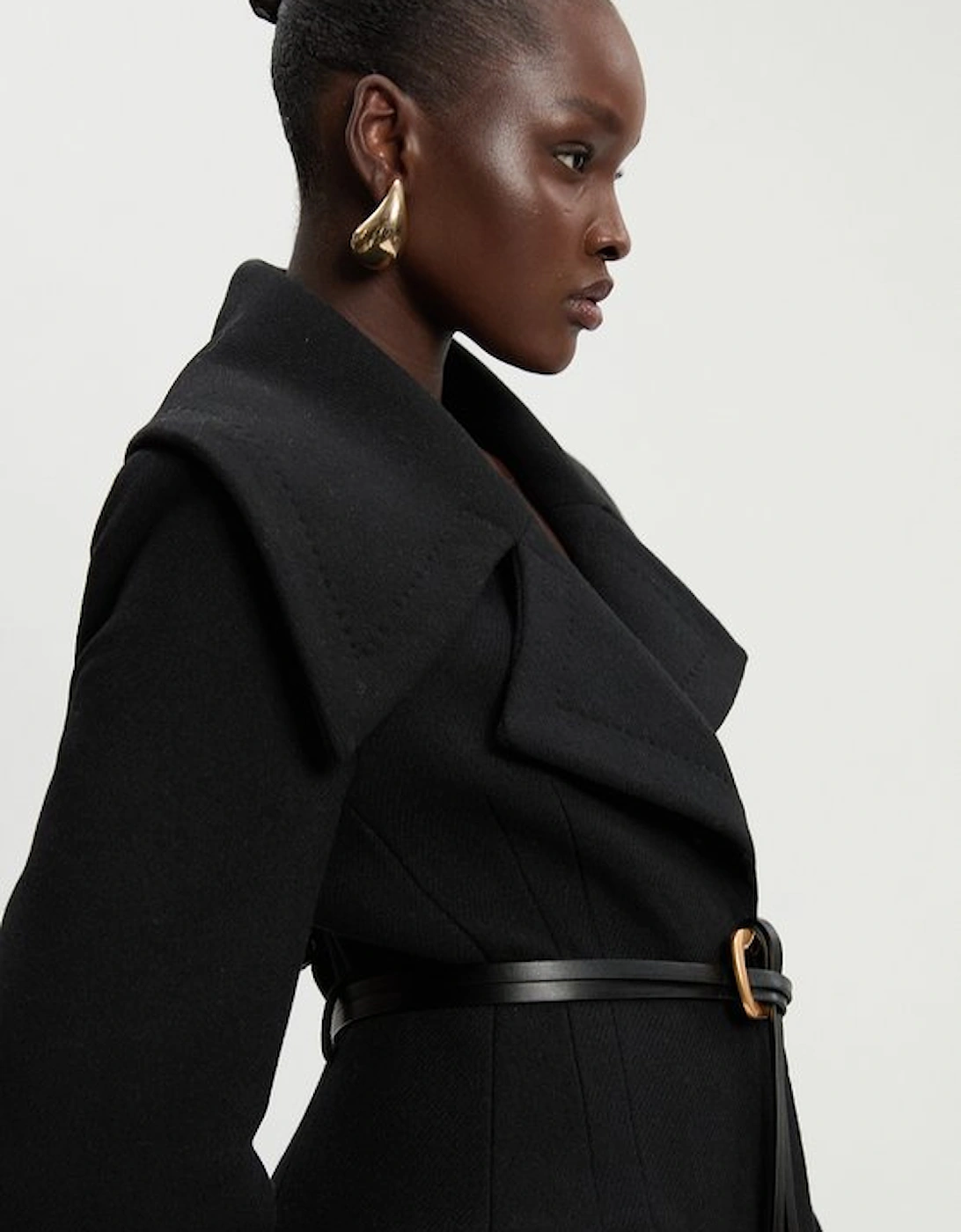 Wool Shawl Collar Belted Tailored Midi Coat
