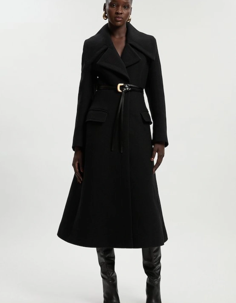 Wool Shawl Collar Belted Tailored Midi Coat