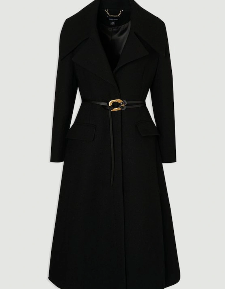 Wool Shawl Collar Belted Tailored Midi Coat