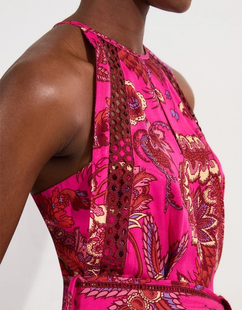 Viscose Floral Print Linen Lace Trim Insert Woven Halter Neck Jumpsuit