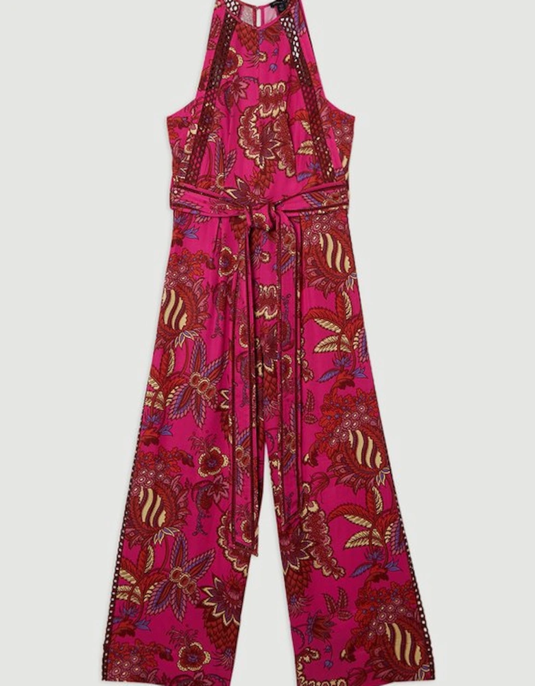 Viscose Floral Print Linen Lace Trim Insert Woven Halter Neck Jumpsuit