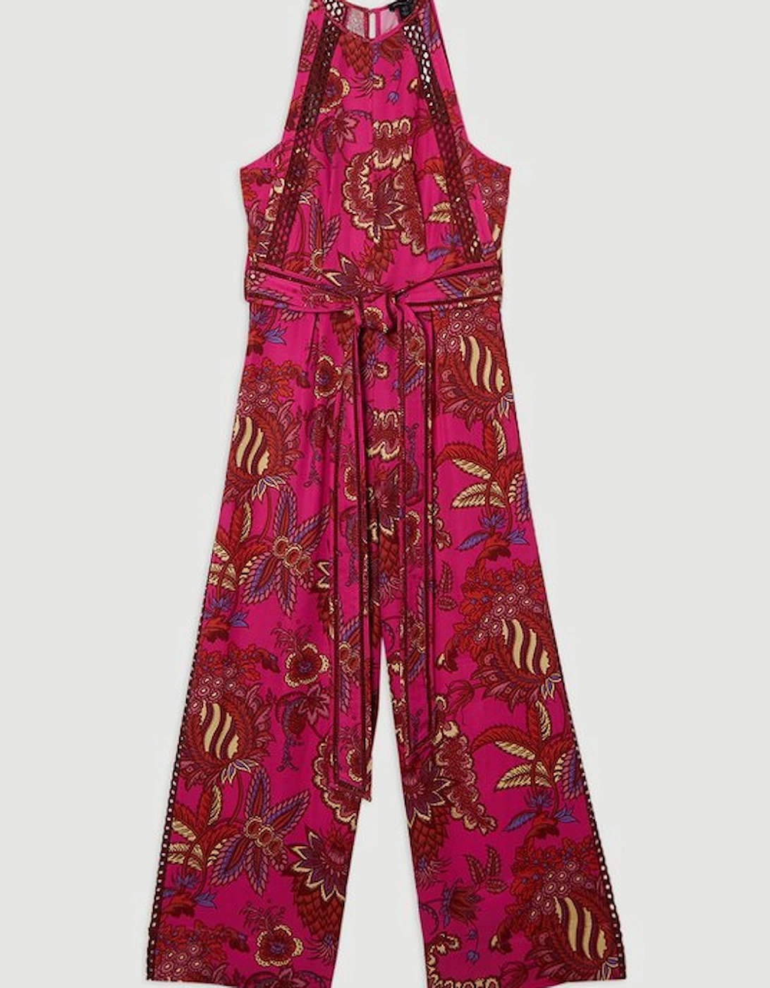 Viscose Floral Print Linen Lace Trim Insert Woven Halter Neck Jumpsuit