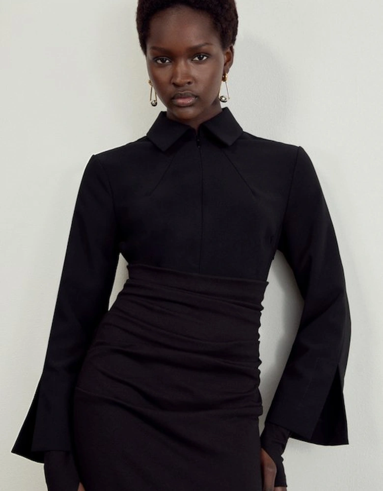 Soft Touch Jersey Ruched Detail Collard Midi Dress