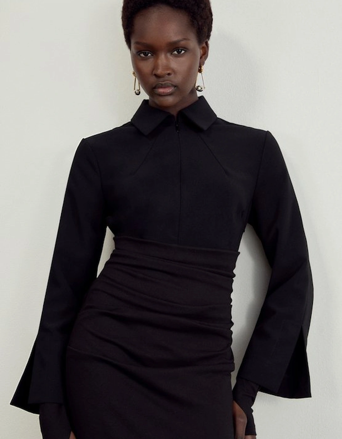 Soft Touch Jersey Ruched Detail Collard Midi Dress