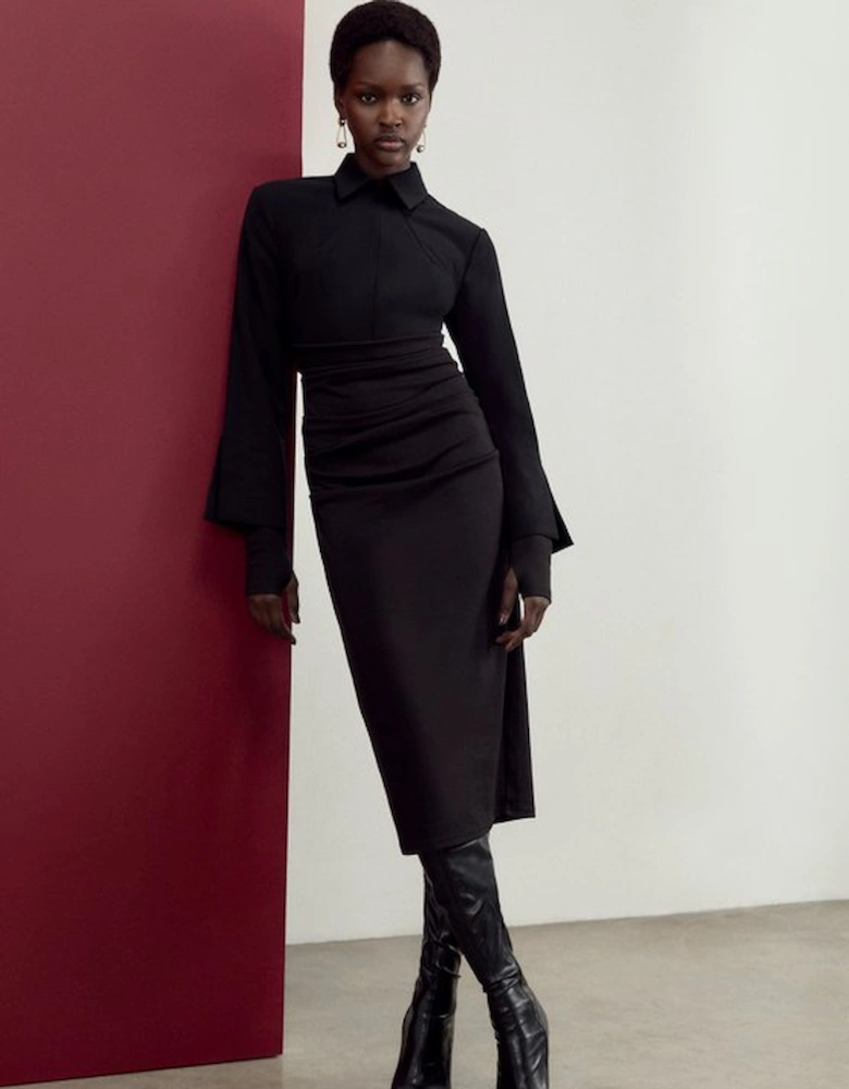Soft Touch Jersey Ruched Detail Collard Midi Dress