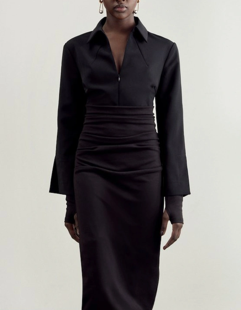 Soft Touch Jersey Ruched Detail Collard Midi Dress