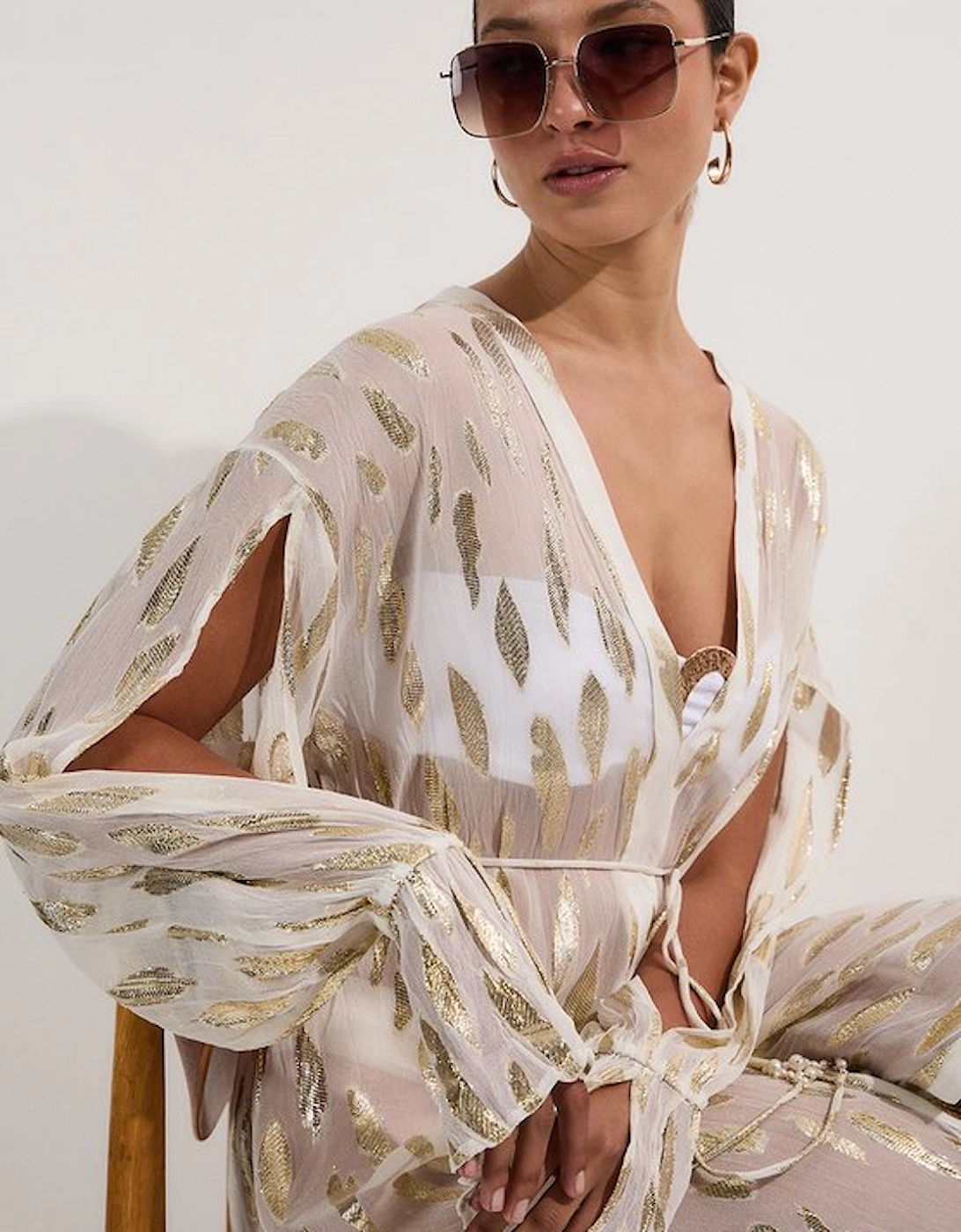 Beach Metallic Thread Plunge Shirt Maxi Dress