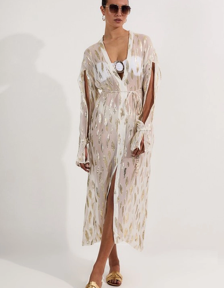 Beach Metallic Thread Plunge Shirt Maxi Dress