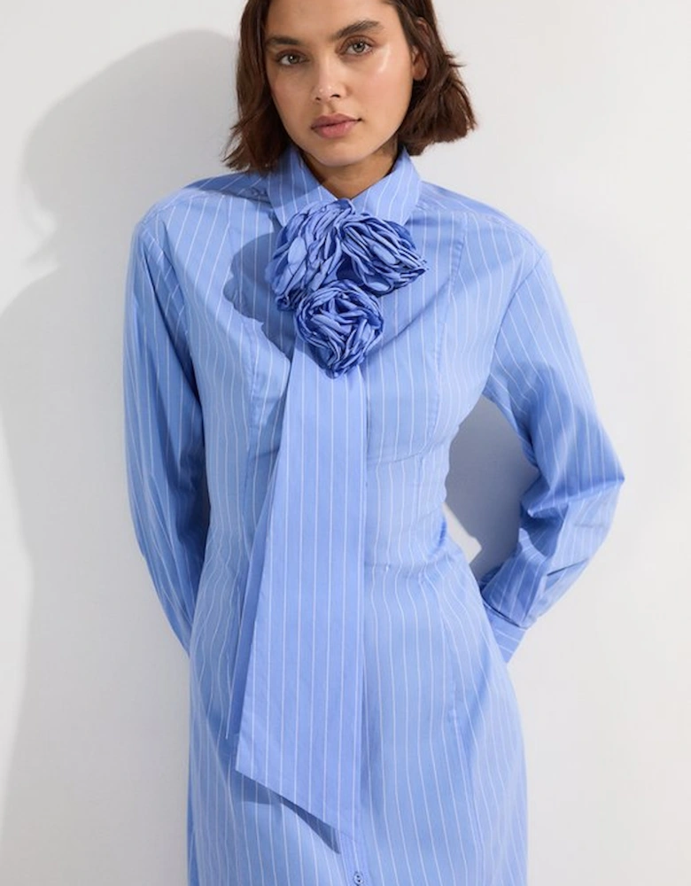 Stripe Cotton Rosette Woven Shirt Maxi Dress