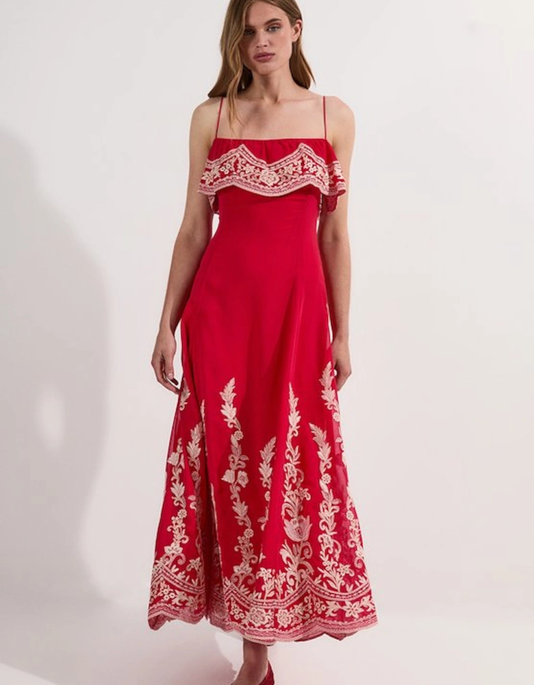 Embroidered Applique Strappy Midi Dress