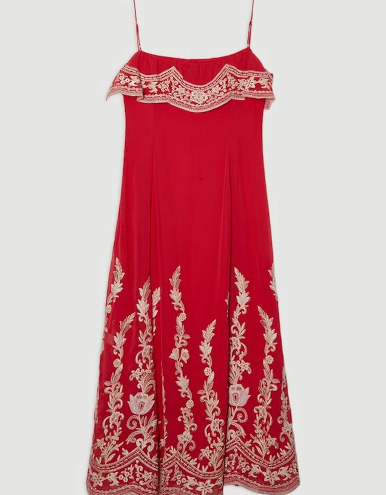 Embroidered Applique Strappy Midi Dress