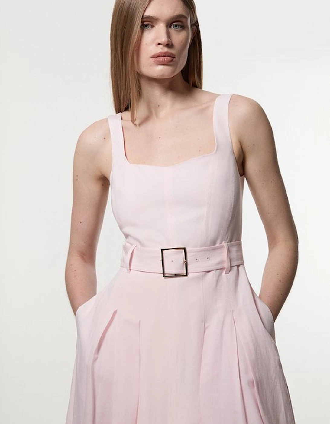 Premium Tailored Linen Belted Strappy Full Midi Dress