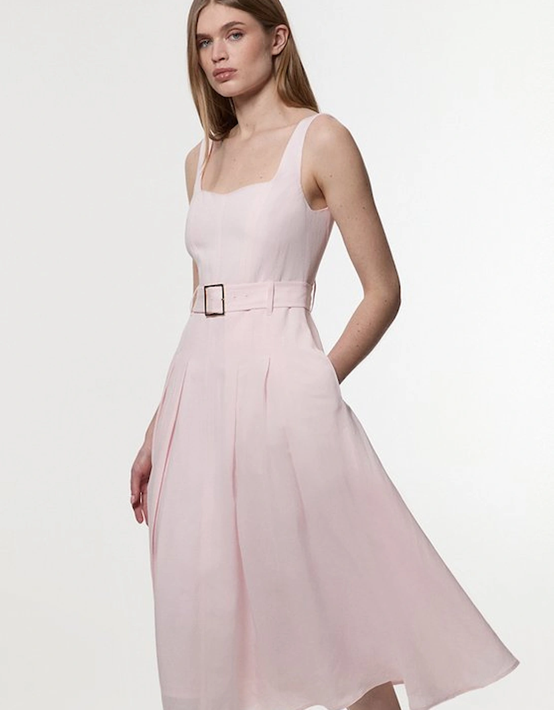 Premium Tailored Linen Belted Strappy Full Midi Dress, 5 of 4
