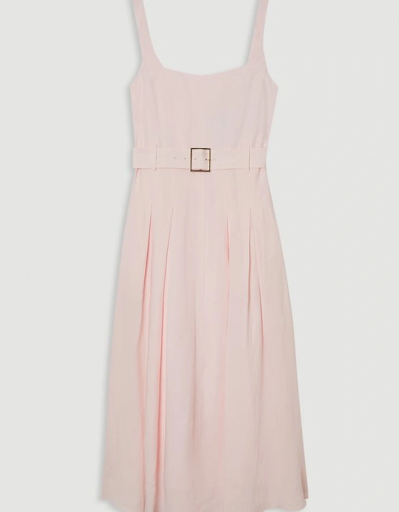 Premium Tailored Linen Belted Strappy Full Midi Dress
