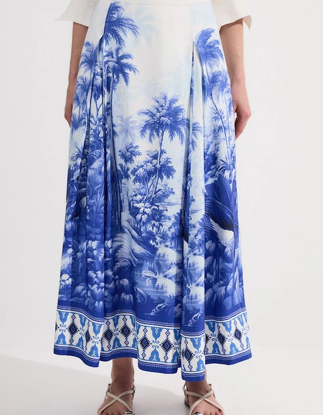 Viscose Linen Scenic Print With Top Stitch Woven Maxi Skirt