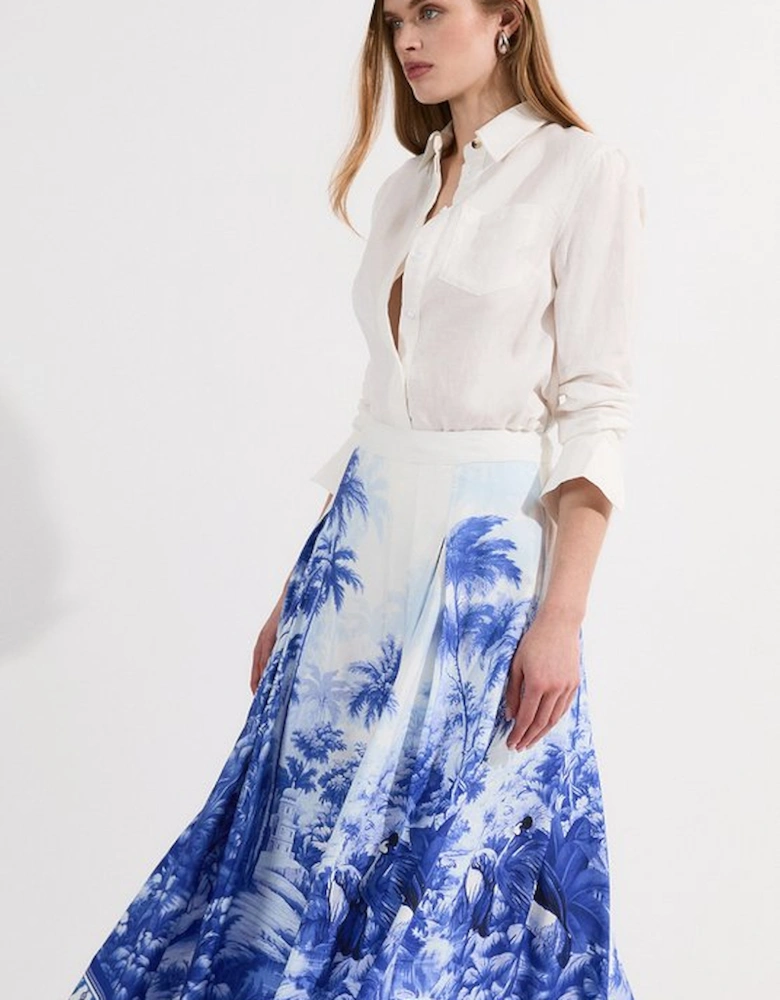 Viscose Linen Scenic Print With Top Stitch Woven Maxi Skirt