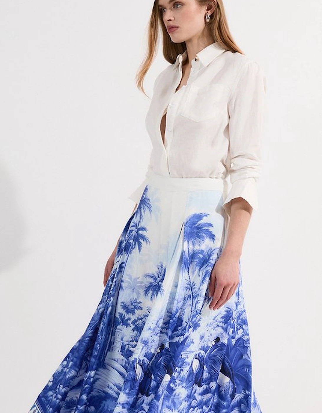 Viscose Linen Scenic Print With Top Stitch Woven Maxi Skirt