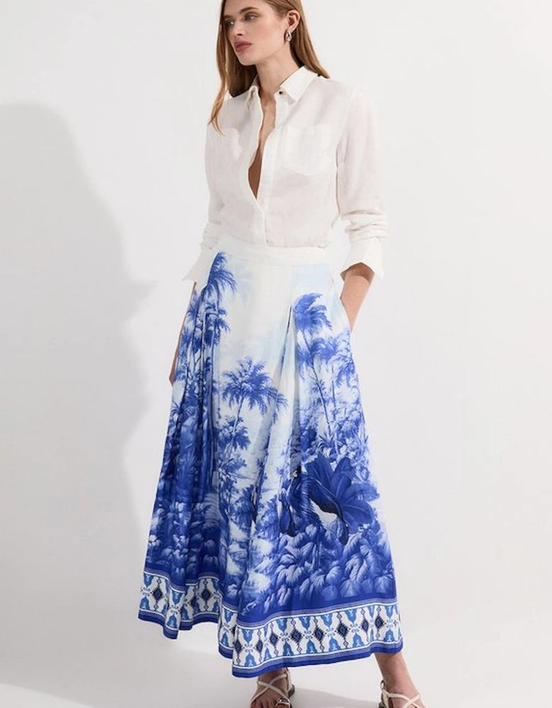 Viscose Linen Scenic Print With Top Stitch Woven Maxi Skirt