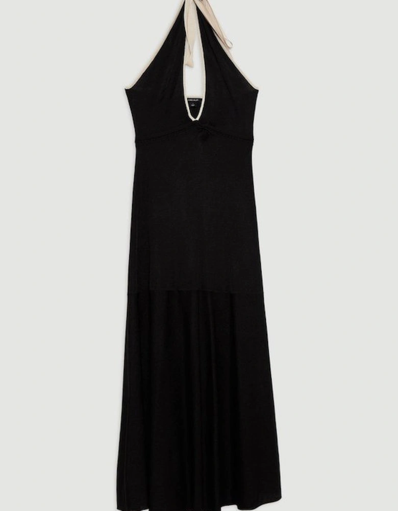 Slinky Knit Contrast Piping Halter Neck Maxi Dress