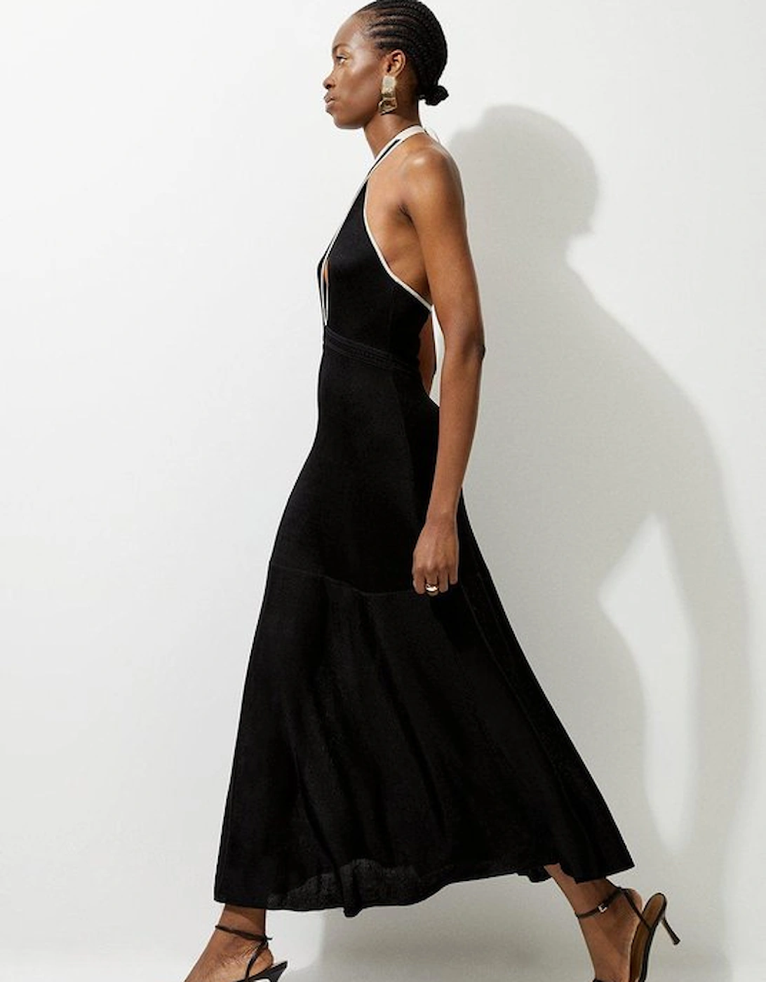 Slinky Knit Contrast Piping Halter Neck Maxi Dress