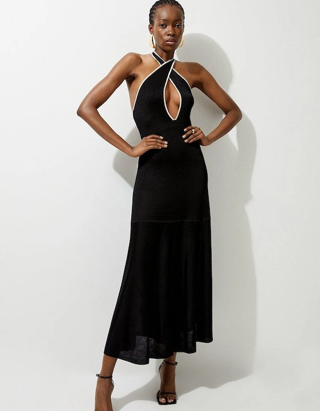 Slinky Knit Contrast Piping Halter Neck Maxi Dress, 5 of 4