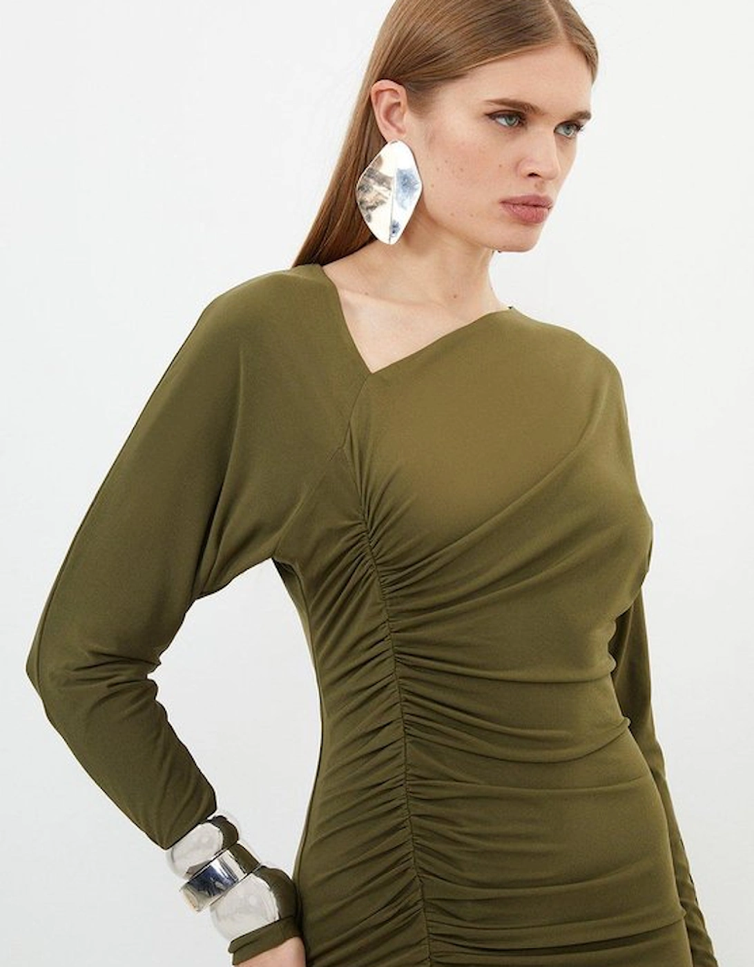 Jersey Crepe Ruched Long Sleeve Maxi Dress