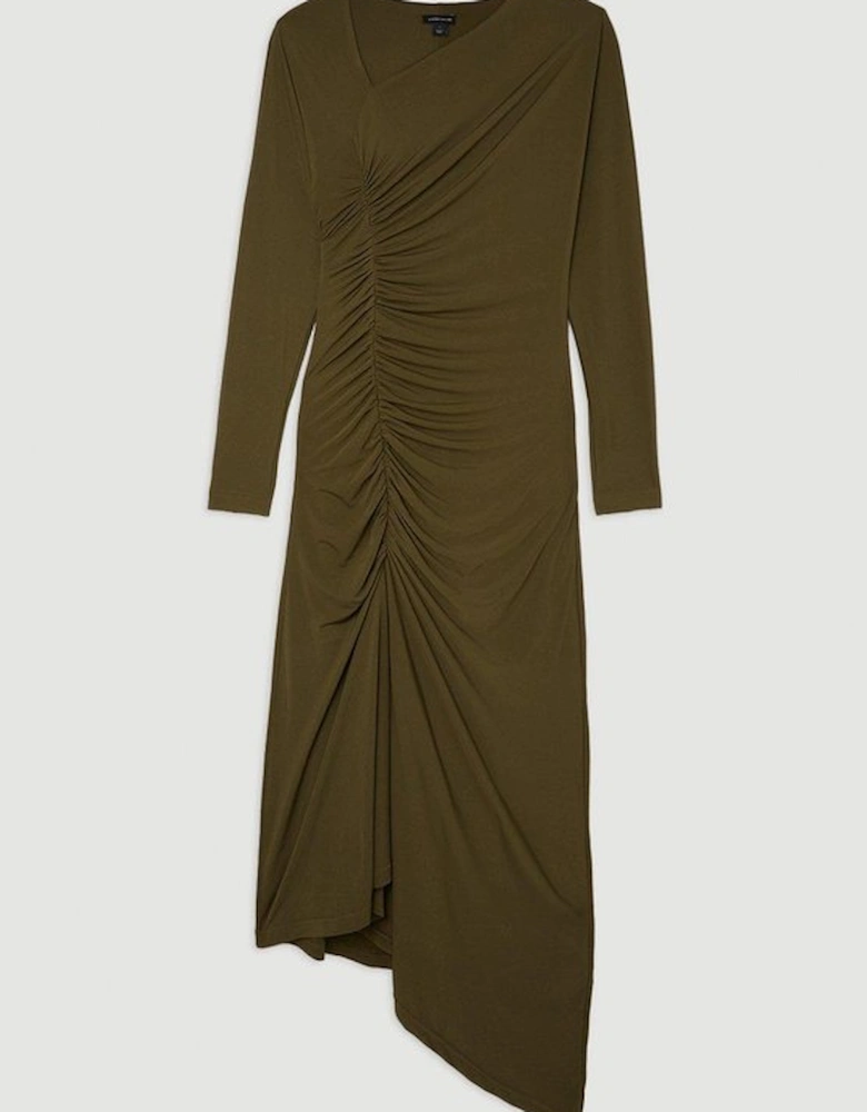 Jersey Crepe Ruched Long Sleeve Maxi Dress