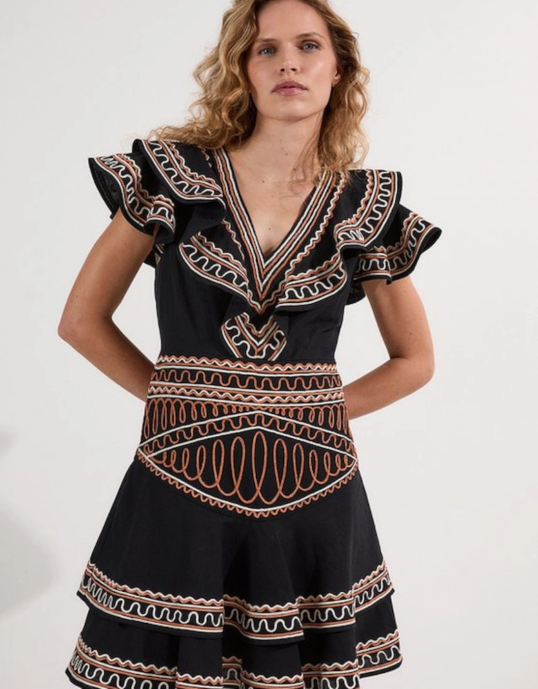 Embroidered Cotton Linen Woven Plunge Mini Dress