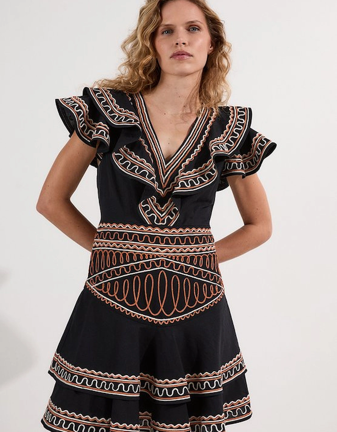 Embroidered Cotton Linen Woven Plunge Mini Dress, 5 of 4
