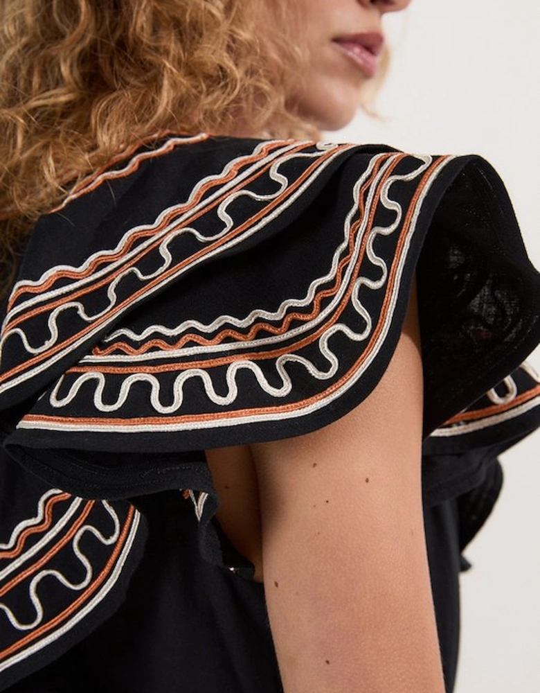 Embroidered Cotton Linen Woven Plunge Mini Dress