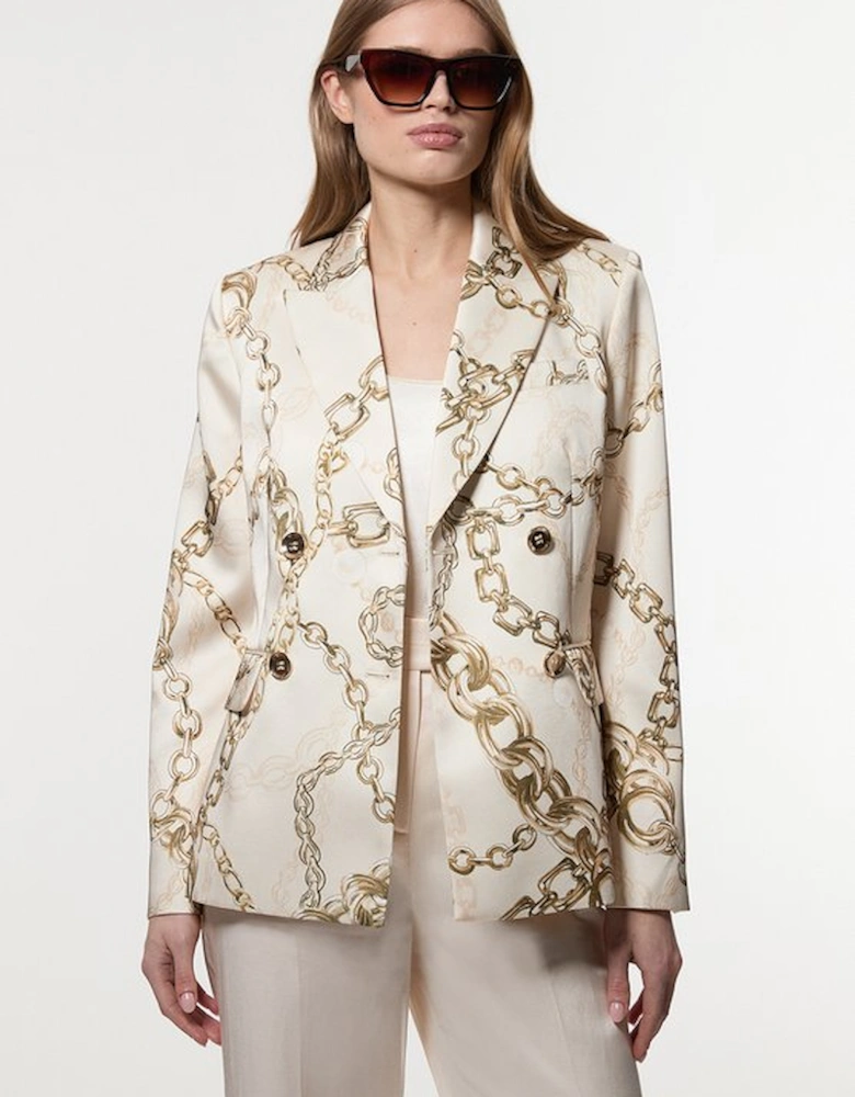 Structured Viscose Satin Chain Print Tailored Double Breasted Blazer