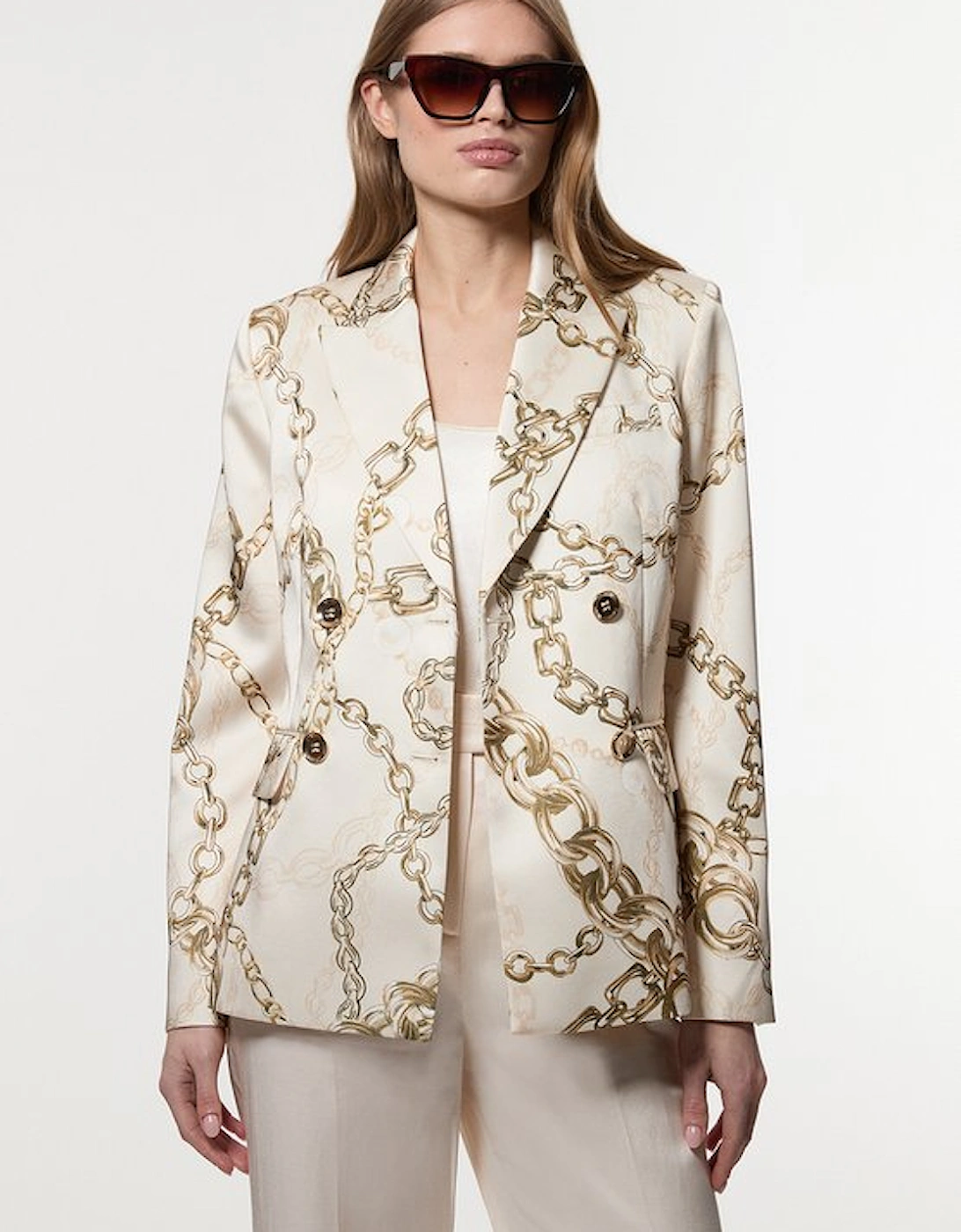 Structured Viscose Satin Chain Print Tailored Double Breasted Blazer