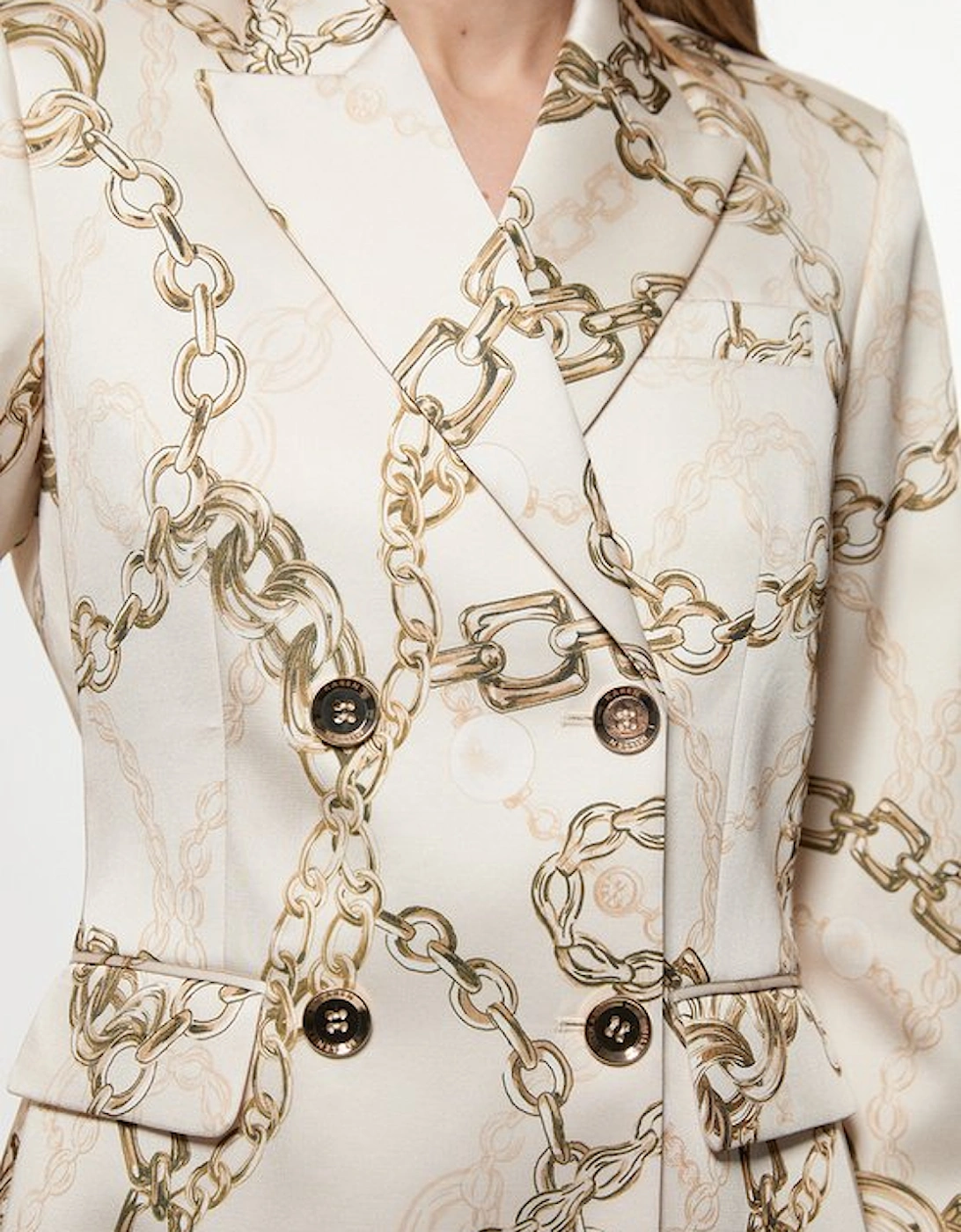 Structured Viscose Satin Chain Print Tailored Double Breasted Blazer