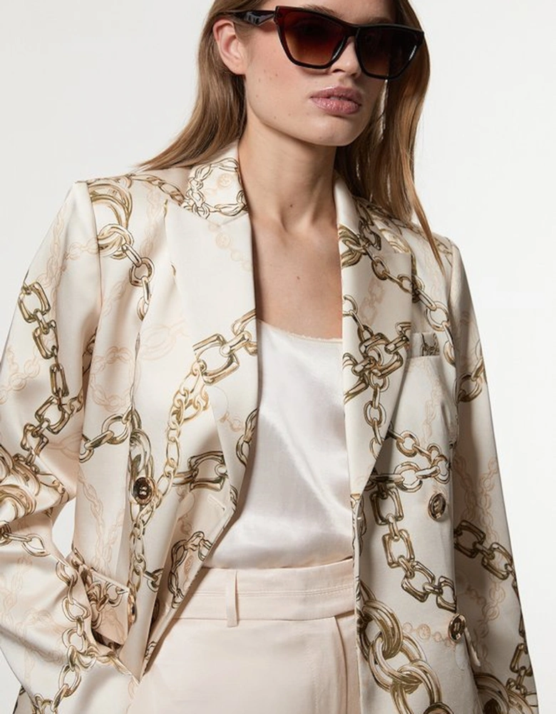 Structured Viscose Satin Chain Print Tailored Double Breasted Blazer