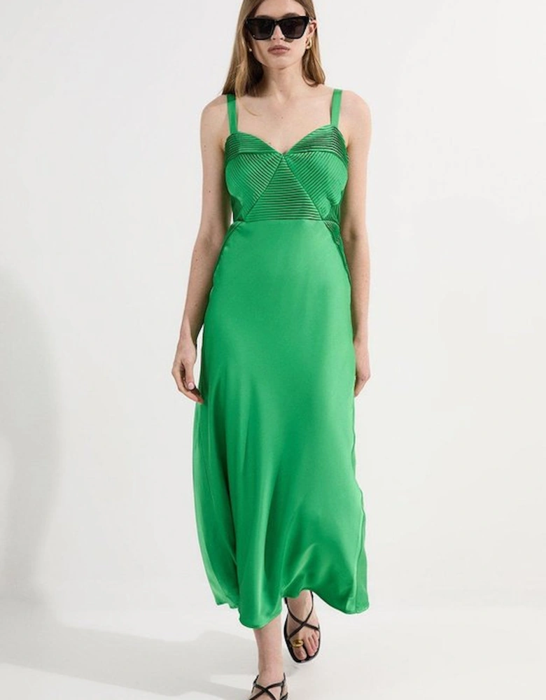 Satin Pleated Corset Detail Woven Maxi Dress
