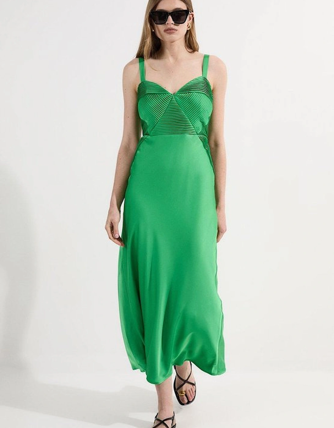Satin Pleated Corset Detail Woven Maxi Dress