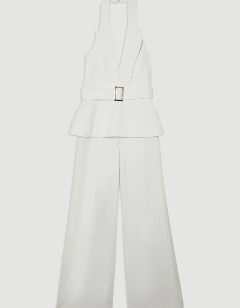 Compact Stretch Halterneck Tailored Wide Leg Jumpsuit