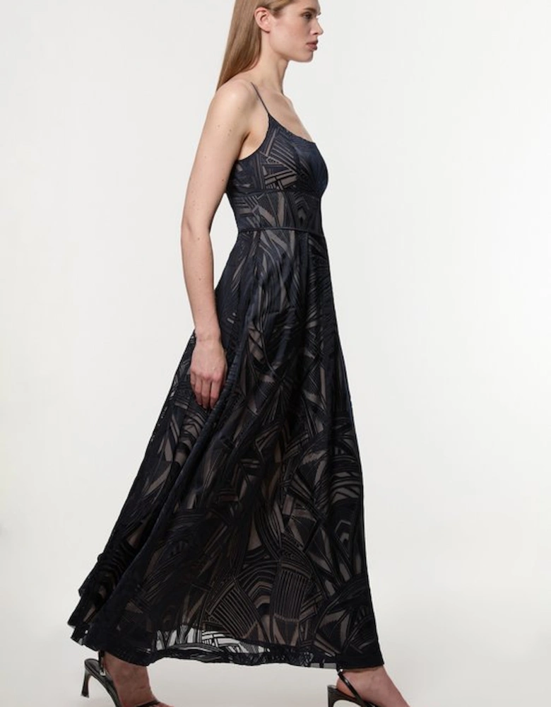 Amelia Graham Burnout Split Woven Prom Strappy Maxi Dress