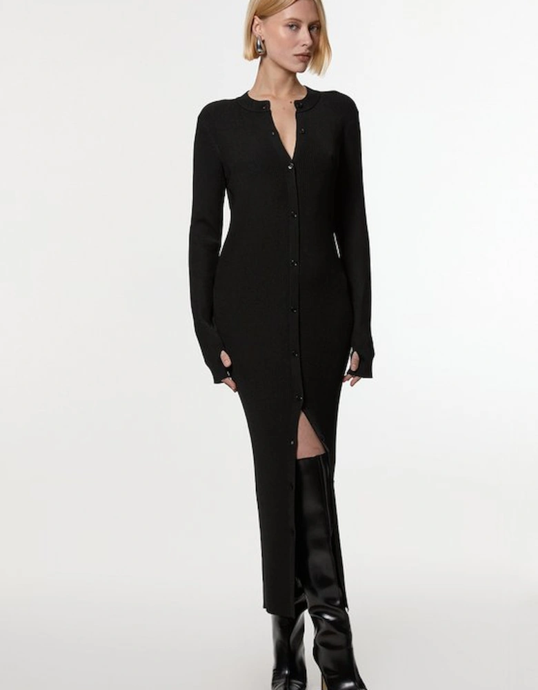 Premium Slinky Ribbed Knit Button Through Maxi Dress
