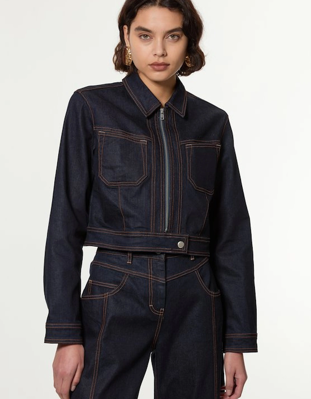 Petite Indigo Denim Contrast Stitch Detail Zip Through Jacket, 5 of 4