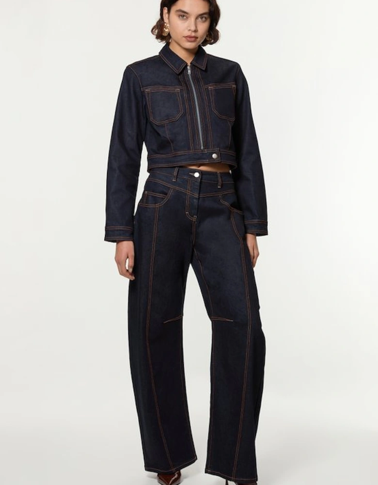 Petite Indigo Denim Contrast Stitch Detail Zip Through Jacket