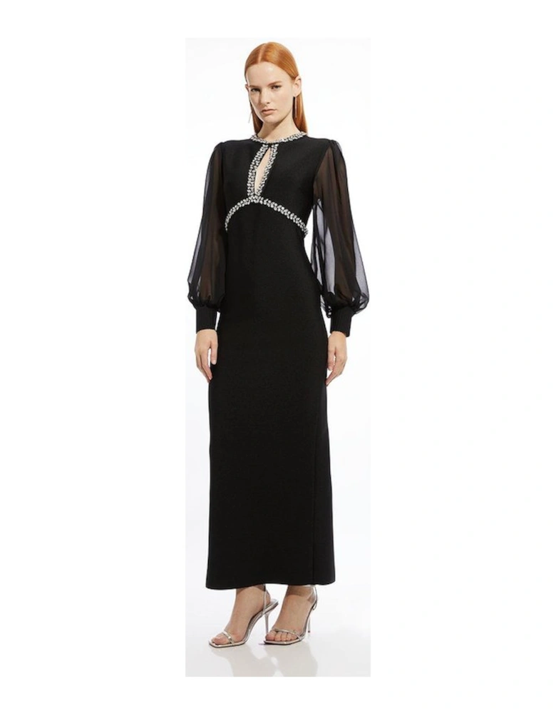 Embellished And Chiffon Sleeve Figure Form Knit Maxi Dress