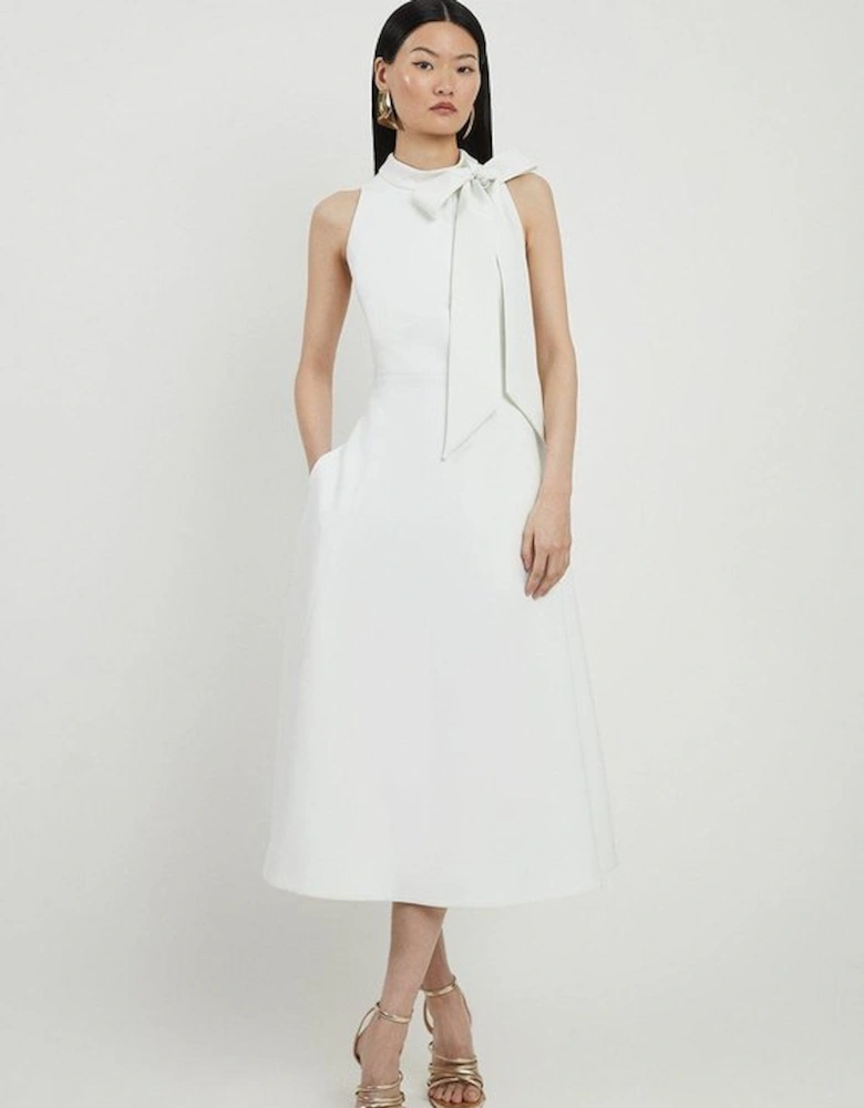 Compact Stretch Bow Tie Neck Full Skirted Midi Dress